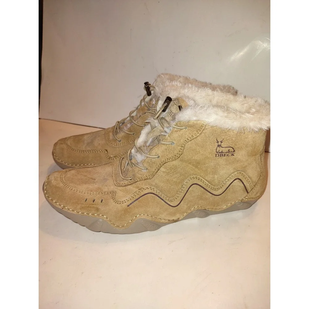 DBECK Tan Suede Fur Lined Ankle Boots Women Lace Up Winter Warm Shoes, Workwear